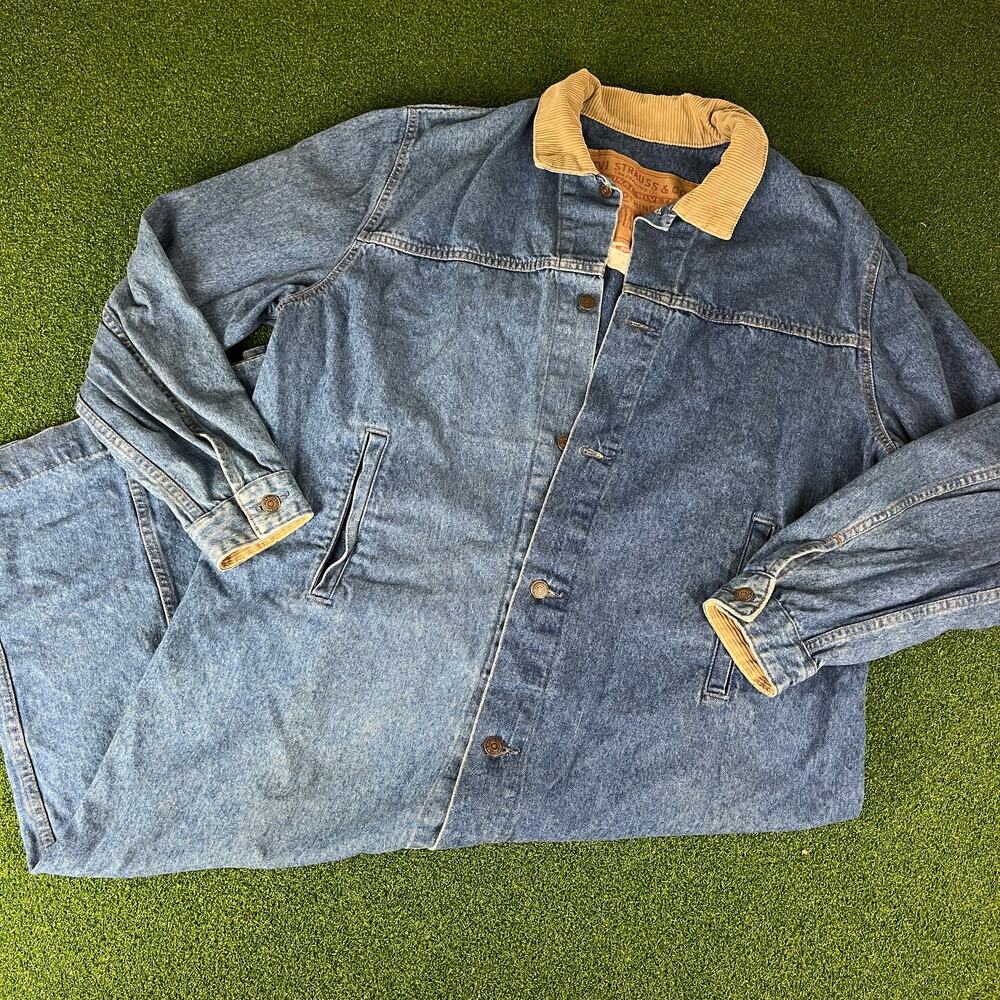 Vintage Levi's USA Denim Duster Coat XL Corduroy Collar Long Chore Barn Jacket
